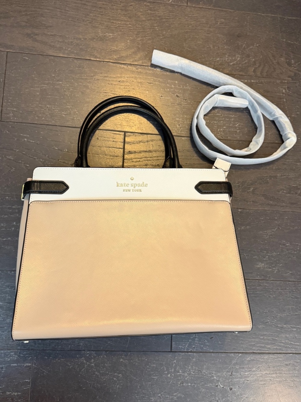 Kate Spade Staci Cameron Medium Satchel Shoulder Bag Beige White Black Leather